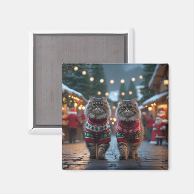 Imán Gatos Persas Navidad Nieve Fiesta (Anverso/Reverso)