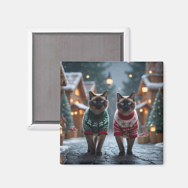 Imán Gatos siameses Navidad Nieve Fiesta (Anverso/Reverso)