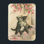 Imán Gatos Vintage de Bodas,<br><div class="desc">Un ilustracion vintage de novios y novios en el día de su boda. Caminan sobre patas traseras con el atuendo boda,  la novia llevando un ramo,  a lo largo de un camino petal subió. Un arco de rosas rosadas cuelga encima de ellas.</div>