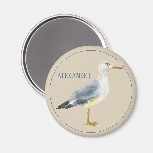 Imán Gaviota de playa en acuarela personalizada (Anverso/Reverso)