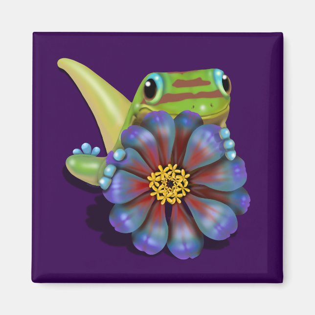 Imán Gecko con flores de zinnia (Frente)