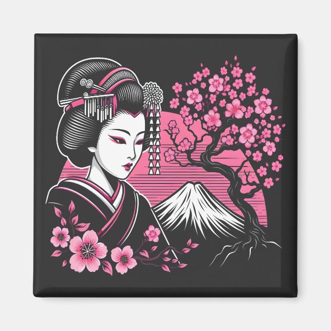 Imán Geisha japonesa monta Fuji flores japonesas de cer (Frente)