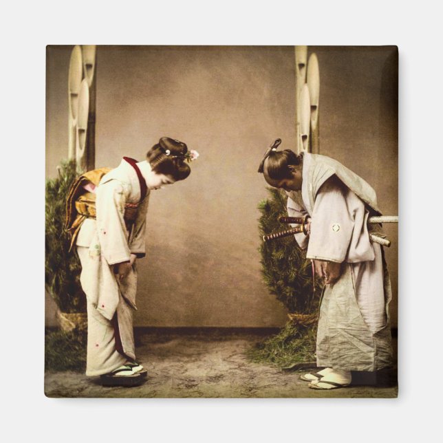 Imán Geisha japonesa vintage saluda al viejo Japón (Frente)