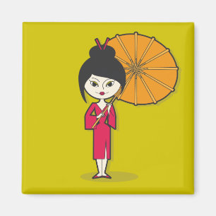 Imán Geisha Lady personalizado sobre un fondo verde