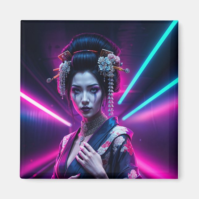 Imán Geisha with Neon Background – Fridge Magnet Art (Frente)