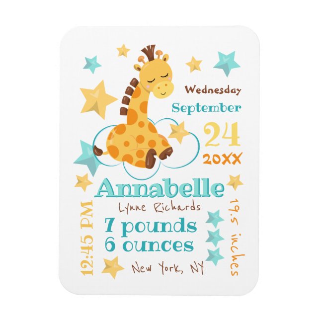 Imán Género Neutral Cute Giraffe Stars Baby Stats (Vertical)