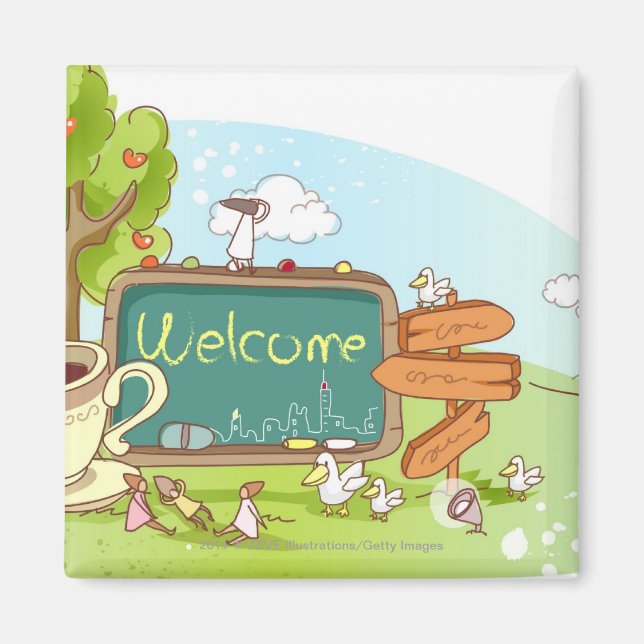 Imán Gente relajándose con información firma con un taz (Frente)