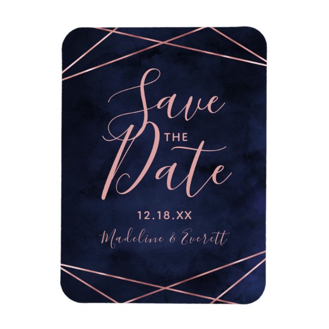 Imán Geométrica Marina Blue & Rosa Gold Save the Date (Vertical)