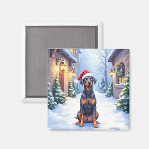 Imán German Pinscher Patio Nevado Gorro de Papá Noel