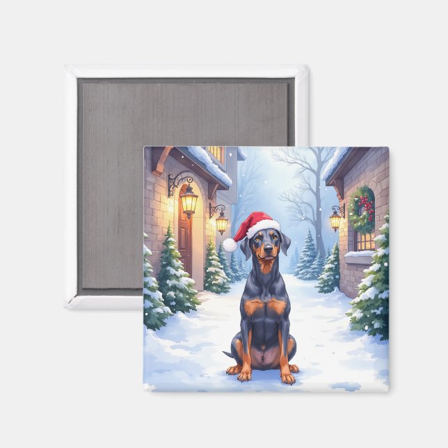 Imán German Pinscher Patio Nevado Gorro de Papá Noel (Anverso/Reverso)