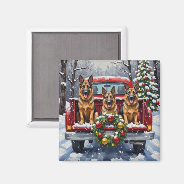 Imán German Shepherd Christmas Red Truck Holiday (Anverso/Reverso)