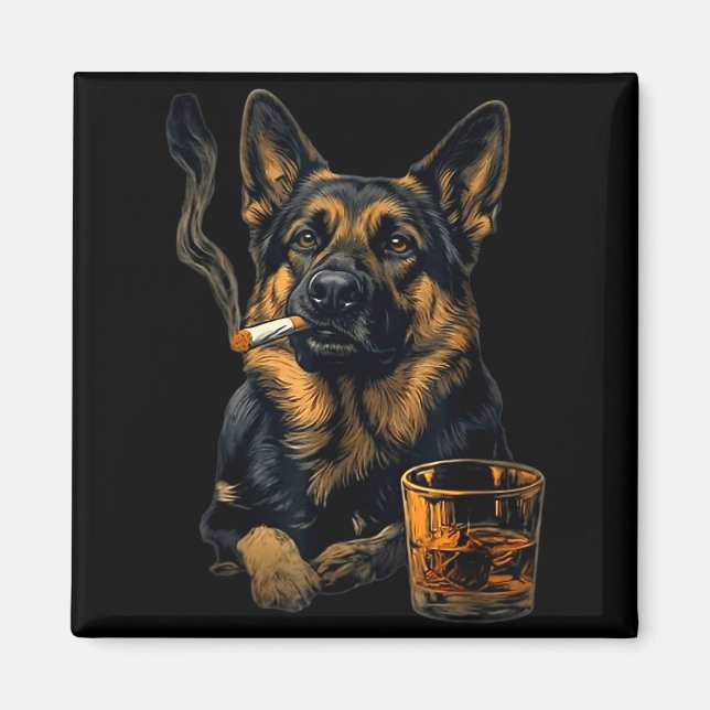Imán German Shepherd Dog Smoking Cigarette Whisky Lover (Frente)