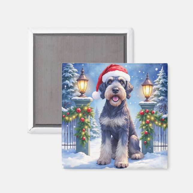 Imán Giant Schnauzer Snowy Iron Fence Santa Christmas (Anverso/Reverso)