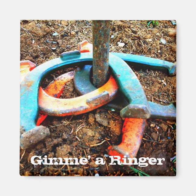 Imán Gimme' a Ringer Horseshoe lanzando regalos (Frente)