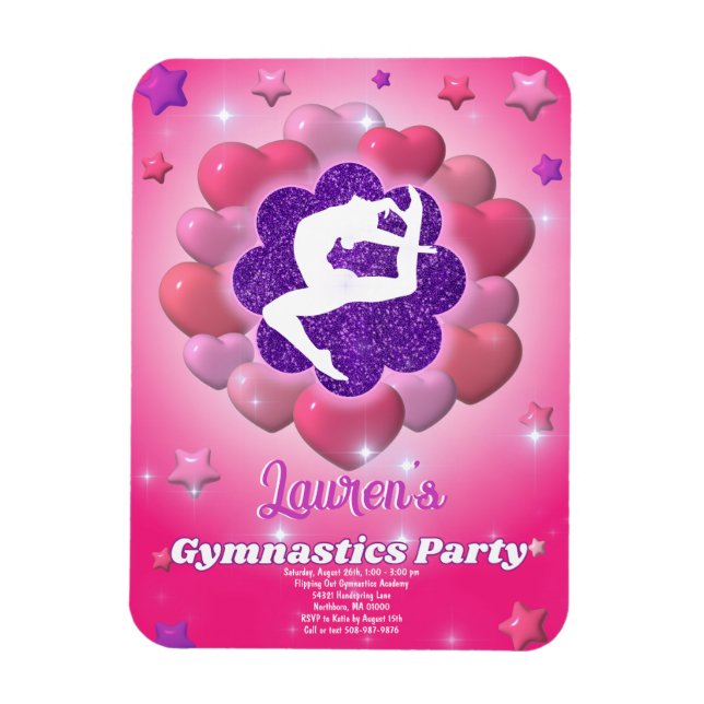 Imán Gimnasia Partido de Cumpleaños Invitación Púrpura  (Vertical)