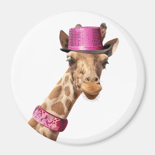 Imán Giraffe en gorra rosa brillante (Frente)