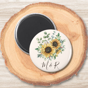 Imán Girasol rústico vintage de acuarela monogramada