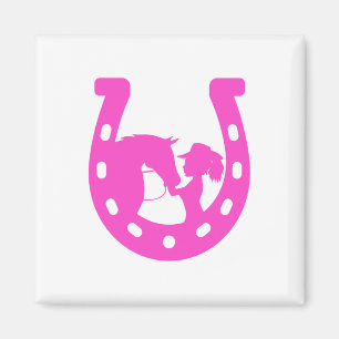 Imán Girl with Horse and Western Hat Hot Pink Horseshoe