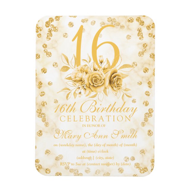 Imán Girly Marble Purpurina Gold Floral Sweet 16th  (Vertical)