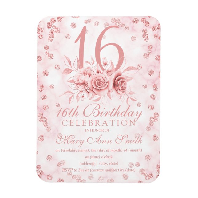 Imán Girly Marble Purpurina Rosa Dorado Floral Dulce 16 (Vertical)