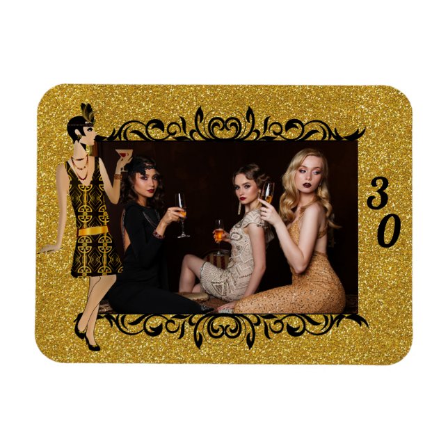 Imán Glam 1920 Flapper Chica Gold 30th Personalizado Fo (Horizontal)