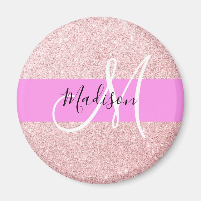 Imán Glam Blush Rosa Oro Glitter Brillo Monograma (Frente)