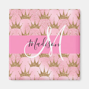 Imán Glam Pink & Gold Brillo Destellos Coronas Monogram