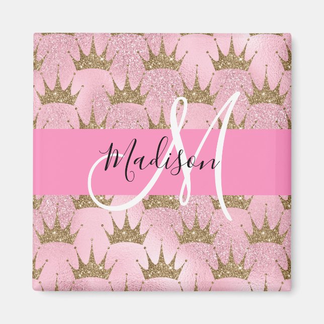 Imán Glam Pink & Gold Brillo Destellos Coronas Monogram (Frente)
