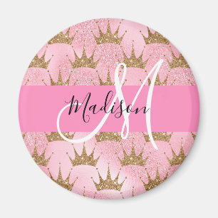 Imán Glam Pink & Gold Glitter Sparkles Crowns Monogram
