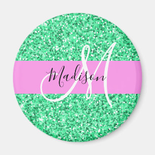 Imán Glam Pink y Verde Brillo Chispas Monograma Nombre