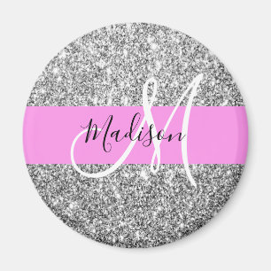 Imán Glam Purpurina rosado y plateado parkles Monograma