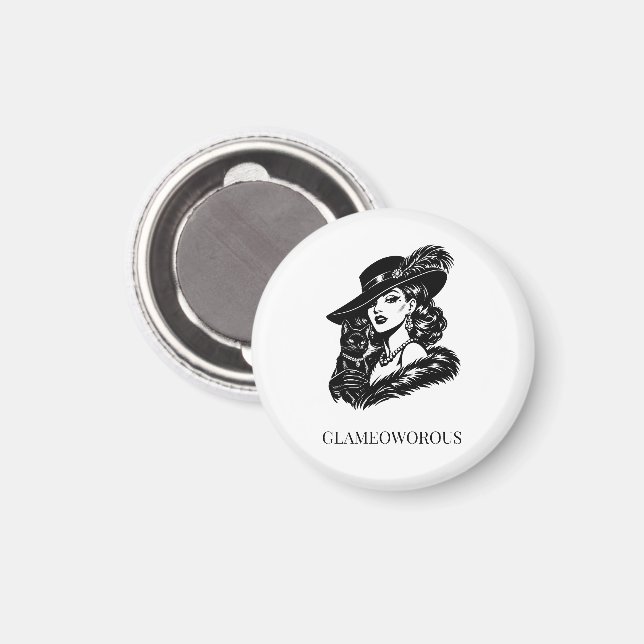 Imán Glam Woman with Cat Fashion Illustration (Anverso/Reverso)