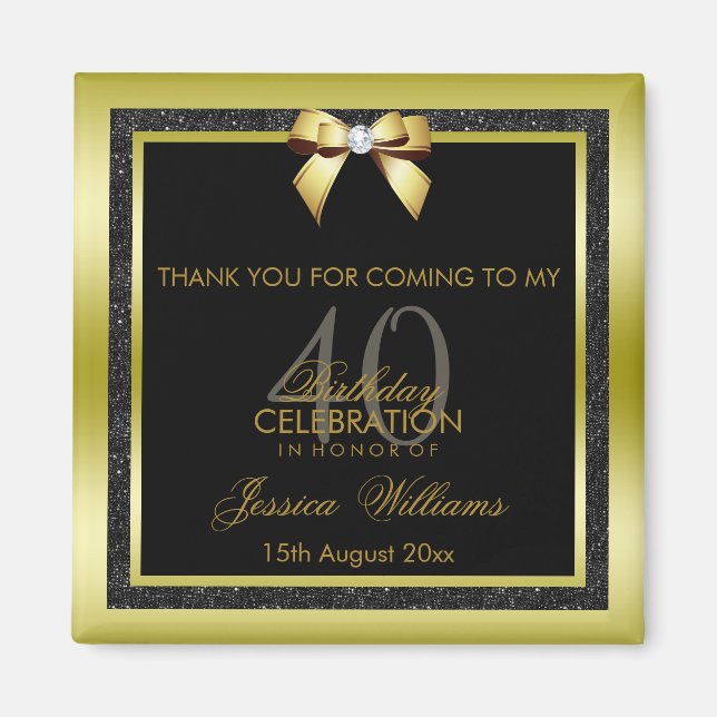Imán Glamoroso Oro Bow y Purpurina Negra 40 cumpleaños (Frente)