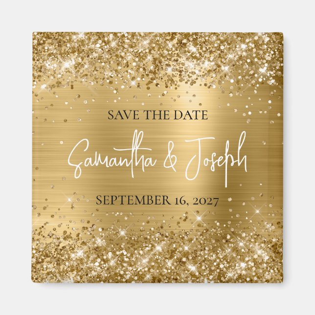 Imán Glittery Gold Foil Boda Save the Date (Frente)