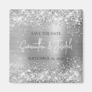 Imán Glittery Silver Foil Boda Save the Date