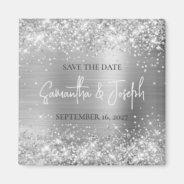 Imán Glittery Silver Foil Boda Save the Date (Frente)
