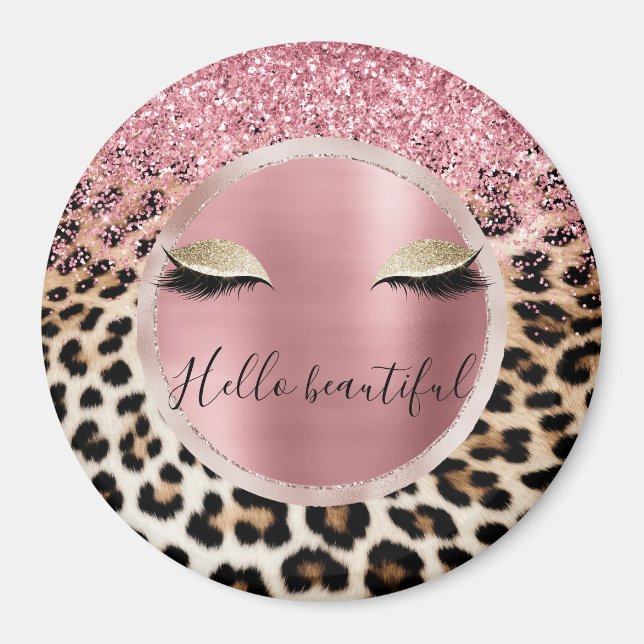 Imán Glitzy Purpurina Rosa Oro Eyelashes Leopardo (Frente)