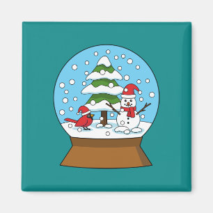 Imán Globe de nieve con cardenal Snowman y árbol de pin