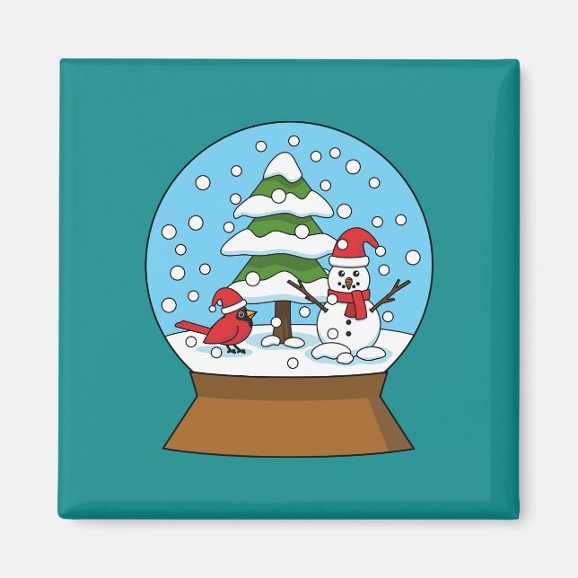 Imán Globe de nieve con cardenal Snowman y árbol de pin (Frente)