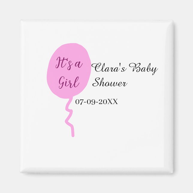 Imán Globo rosa es una ducha de bebé chica añadir fecha (Frente)