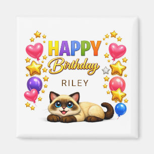 Imán Globos y Estrellas de Gato Siamés Feliz Cumpleaños