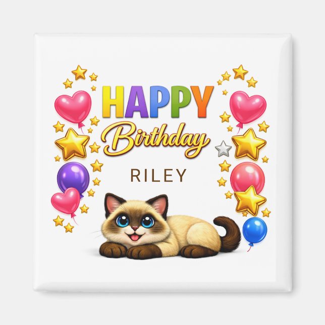 Imán Globos y Estrellas de Gato Siamés Feliz Cumpleaños (Frente)