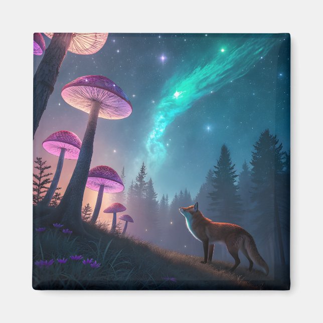 Imán Glowing Mushroom Forest Fox Fantasy Art (Frente)