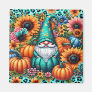 Imán Gnome de otoño con calabazas y flores vibrantes