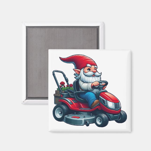 Imán Gnome en motocicleta de césped con cesta de flores (Anverso/Reverso)