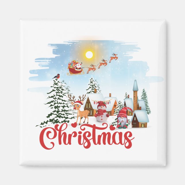 Imán Gnome lindo, hombre de nieve celebrando vacaciones (Frente)