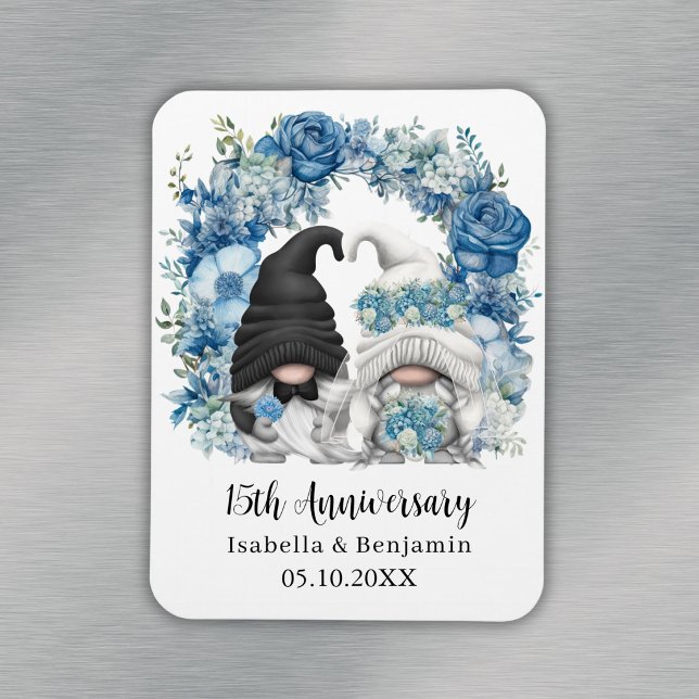 Imán Gnomos personalizados Flores Azules 15º Aniversari (Custom Gnome Blue Flowers 15th Wedding Anniversary Magnet
)