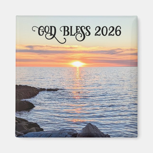 Imán God Bless 2026 New Year Golden Sunset Photo (Frente)