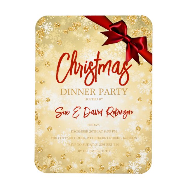 Imán Gold Diamond Glitter Red Ribbon Xmas Invite  (Vertical)