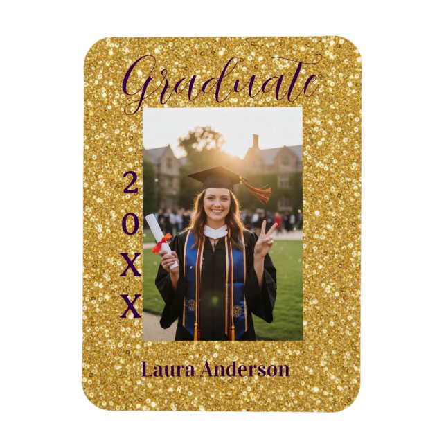 Imán Gold glitter photo graduation add name class text (Vertical)